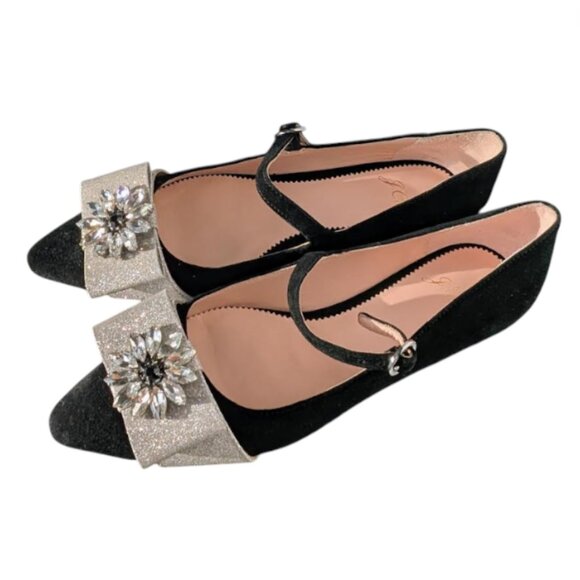 New in Box J Crew Pointed-Toe Mary Jane Black Suede Shoes with Embellished Bow - Picture 5 of 7